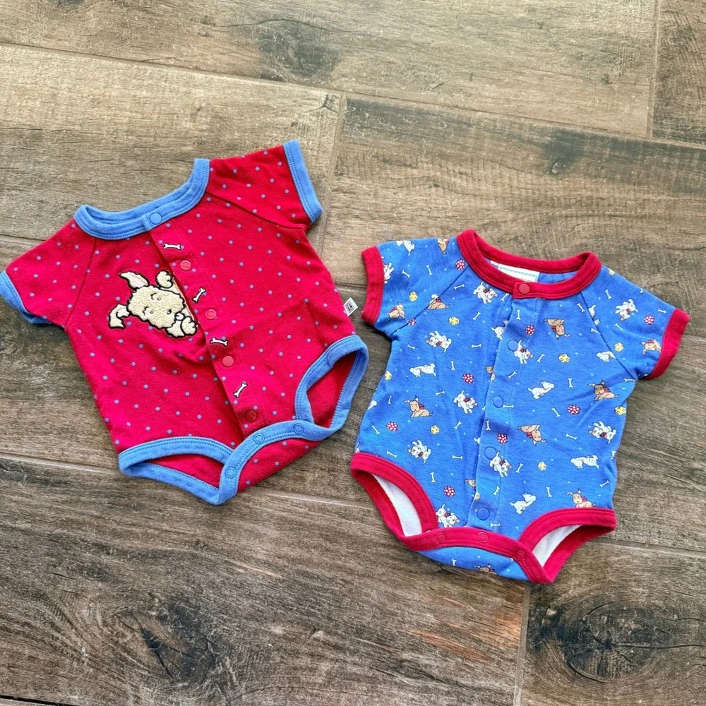 Mary Engelbreit Baby VTG Dog Puppy Polka Dot Snap Front Bodysuits,Blue Red, 0-3M